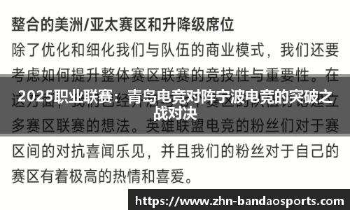 2025职业联赛：青岛电竞对阵宁波电竞的突破之战对决